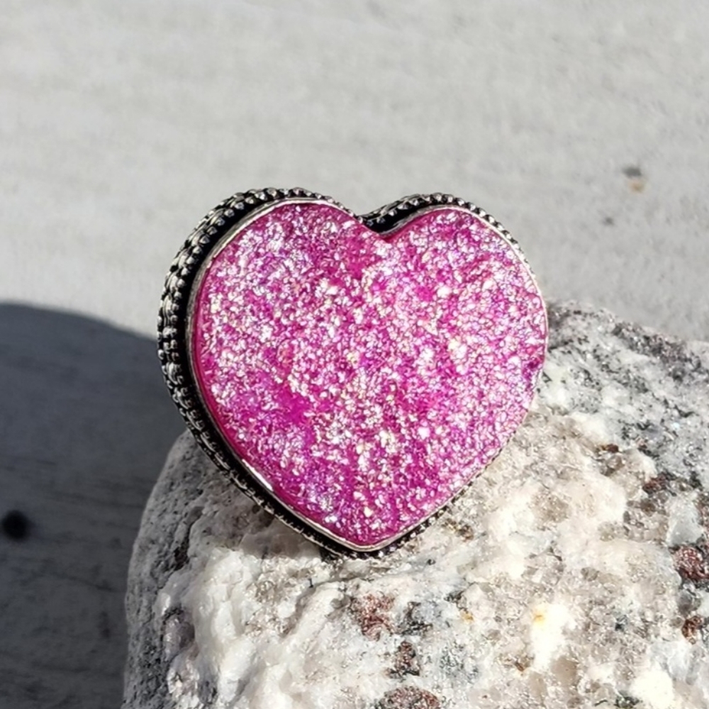 Titanium Druzy Pink Heart Ring Hand Crafted 925 Sterling Silver Overlay Size 7
